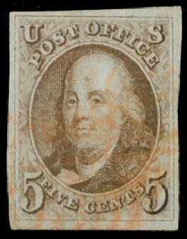 Cost of US Stamps Scott 1: 1847 5c Franklin. Daniel Kelleher Auctions, Sep 2014, Sale 655, Lot 124