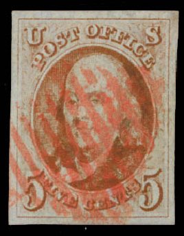 Prices of US Stamps Scott Cat. # 1: 5c 1847 Franklin. Daniel Kelleher Auctions, Sep 2014, Sale 655, Lot 134