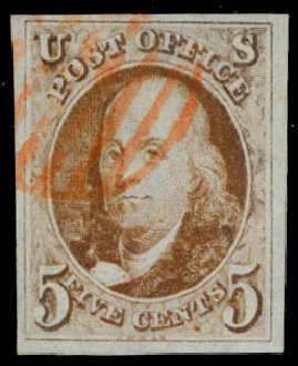 Price of US Stamp Scott # 1: 5c 1847 Franklin. Daniel Kelleher Auctions, Aug 2015, Sale 672, Lot 2084