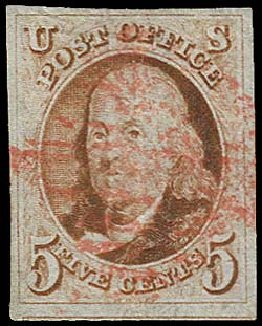 Value of US Stamp Scott # 1: 1847 5c Franklin. Regency-Superior, Jan 2015, Sale 109, Lot 544