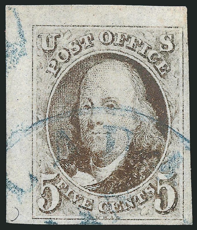 US Stamps Price Scott Catalogue 1 - 1847 5c Franklin. Robert Siegel Auction Galleries, Dec 2011, Sale 1017, Lot 24