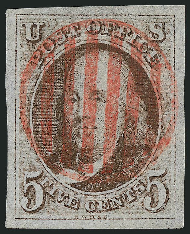 US Stamp Value Scott Cat. # 1 - 1847 5c Franklin. Robert Siegel Auction Galleries, Dec 2011, Sale 1017, Lot 44