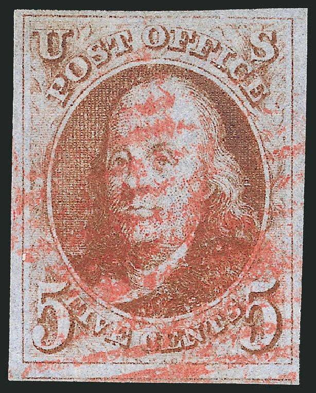 US Stamp Prices Scott Cat. #1: 1847 5c Franklin. Robert Siegel Auction Galleries, Dec 2011, Sale 1017, Lot 54