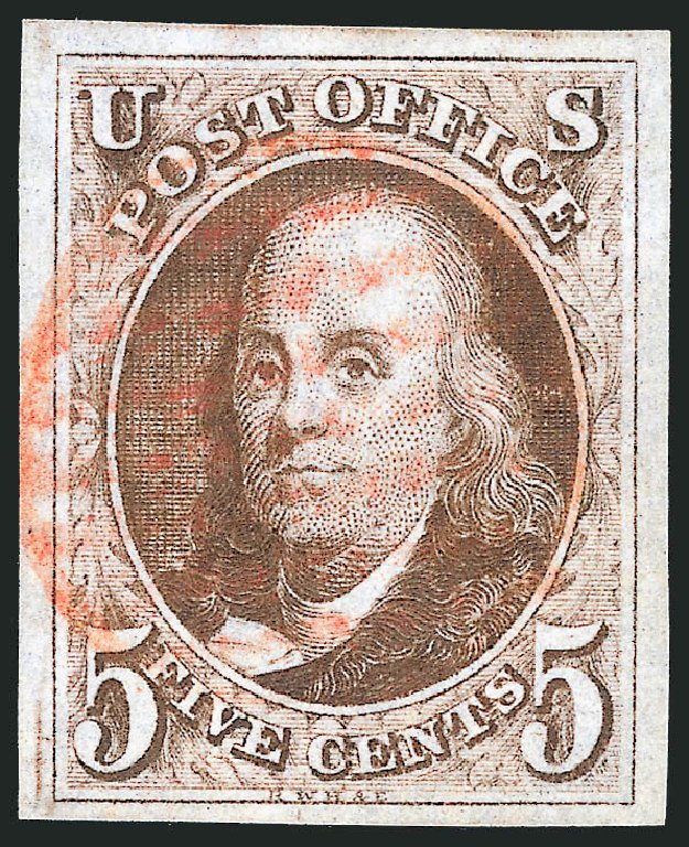 Values of US Stamp Scott Catalogue # 1 - 5c 1847 Franklin. Robert Siegel Auction Galleries, Oct 2012, Sale 1032, Lot 3004