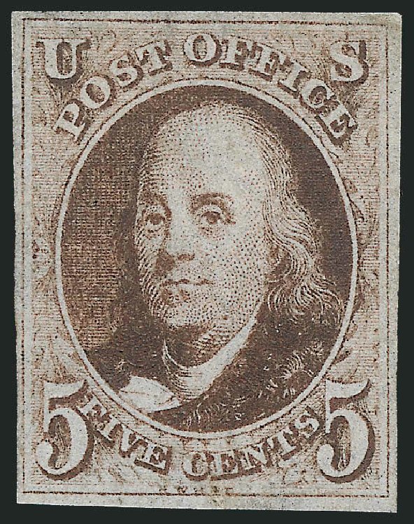 Cost of US Stamps Scott Catalog #1 - 1847 5c Franklin. Robert Siegel Auction Galleries, Mar 2013, Sale 1040, Lot 1154