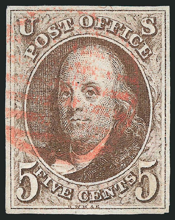 Cost of US Stamps Scott Cat. #1 - 1847 5c Franklin. Robert Siegel Auction Galleries, Dec 2013, Sale 1062, Lot 34