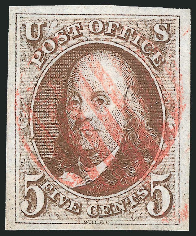 US Stamp Values Scott Cat. # 1 - 5c 1847 Franklin. Robert Siegel Auction Galleries, Sep 2014, Sale 1078, Lot 24