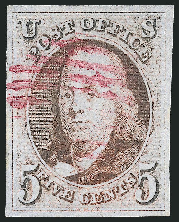 Cost of US Stamp Scott Cat. 1 - 5c 1847 Franklin. Robert Siegel Auction Galleries, Jul 2015, Sale 1107, Lot 14