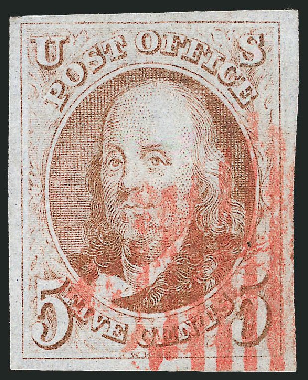 Price of US Stamps Scott Catalog # 1: 5c 1847 Franklin. Robert Siegel Auction Galleries, Oct 2008, Sale 963, Lot 24