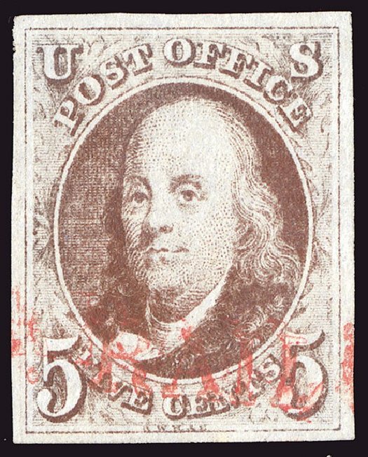 Values of US Stamps Scott Catalog # 1 - 5c 1847 Franklin. Spink Shreves Galleries, Jan 2014, Sale 146, Lot 124