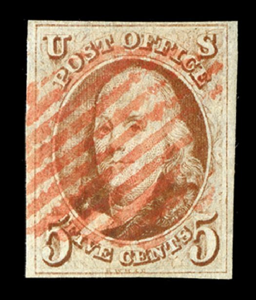 US Stamp Prices Scott #1 - 5c 1847 Franklin. Spink Shreves Galleries, May 2014, Sale 148, Lot 4