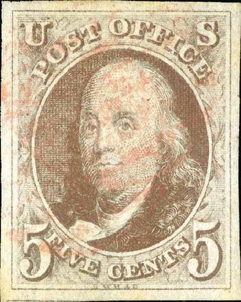 US Stamps Value Scott Catalogue # 1: 1847 5c Franklin. Spink Shreves Galleries, Jan 2015, Sale 150, Lot 4