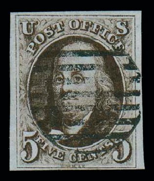 Cost of US Stamp Scott #1 - 1847 5c Franklin. Matthew Bennett International, Dec 2007, Sale 323, Lot 15