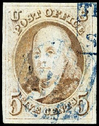 Cost of US Stamps Scott Cat. #1 - 5c 1847 Franklin. Matthew Bennett International, May 2008, Sale 327, Lot 5
