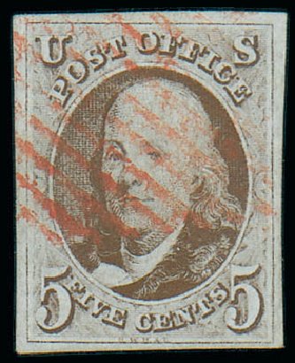 US Stamps Values Scott 1 - 1847 5c Franklin. Matthew Bennett International, Jun 2008, Sale 328, Lot 435