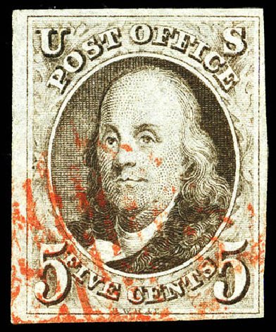 US Stamps Prices Scott Cat. # 1 - 1847 5c Franklin. Matthew Bennett International, Jun 2008, Sale 328, Lot 445