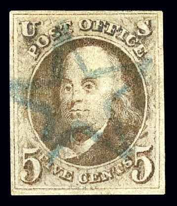 Values of US Stamp Scott Cat. # 1 - 5c 1847 Franklin. Matthew Bennett International, Dec 2008, Sale 330, Lot 1295