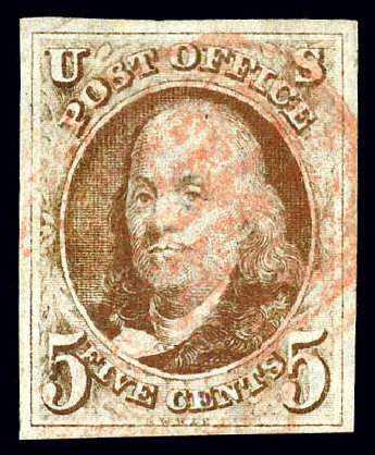 Costs of US Stamp Scott Catalogue # 1 - 5c 1847 Franklin. Matthew Bennett International, Dec 2008, Sale 330, Lot 1305