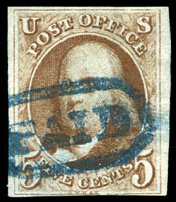Values of US Stamp Scott Cat. #1 - 5c 1847 Franklin. Matthew Bennett International, Dec 2008, Sale 330, Lot 1315