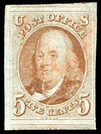 US Stamp Prices Scott #1: 1847 5c Franklin. Matthew Bennett International, Dec 2008, Sale 330, Lot 1325