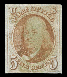Costs of US Stamps Scott # 1: 5c 1847 Franklin. Matthew Bennett International, Sep 2010, Sale 333, Lot 3235