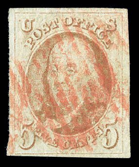 US Stamps Value Scott Catalog #1: 5c 1847 Franklin. Matthew Bennett International, Sep 2010, Sale 333, Lot 3245