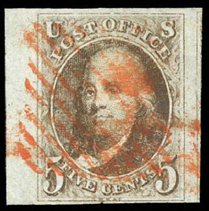 Value of US Stamp Scott Catalogue #1: 5c 1847 Franklin. Matthew Bennett International, Mar 2011, Sale 337, Lot 2425