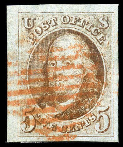 US Stamp Value Scott # 1: 5c 1847 Franklin. Matthew Bennett International, Feb 2012, Sale 340, Lot 25
