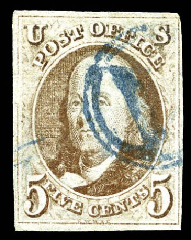 Price of US Stamp Scott Cat. #1 - 5c 1847 Franklin. Matthew Bennett International, Mar 2012, Sale 344, Lot 4175