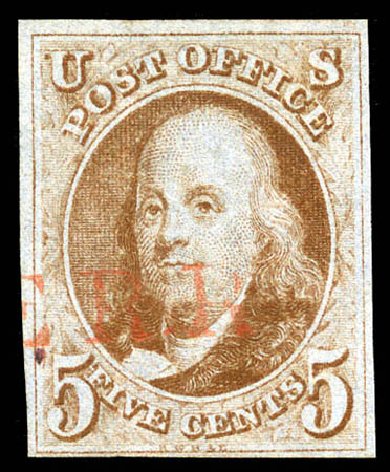 US Stamp Value Scott Catalog #1 - 5c 1847 Franklin. Matthew Bennett International, Mar 2012, Sale 344, Lot 4185