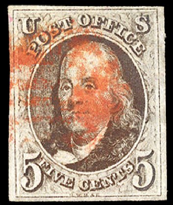 US Stamp Price Scott Cat. 1: 1847 5c Franklin. Cherrystone Auctions, Jan 2009, Sale 200901, Lot 5