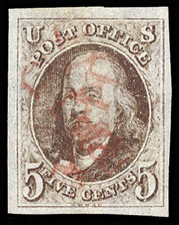 Cost of US Stamps Scott # 1: 1847 5c Franklin. Cherrystone Auctions, May 2013, Sale 201305, Lot 5