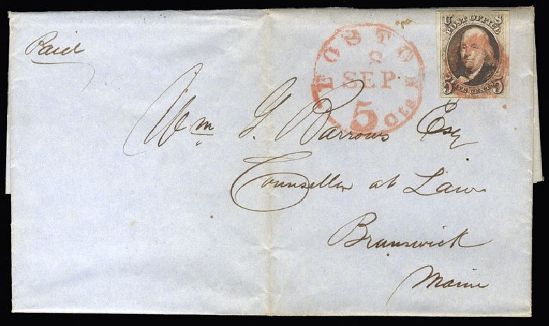 Prices of US Stamp Scott 1: 5c 1847 Franklin. Cherrystone Auctions, Jan 2015, Sale 201501, Lot 15