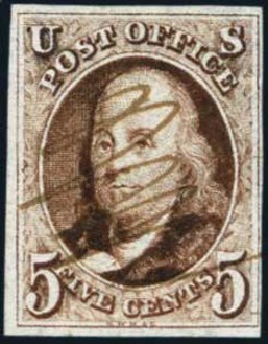 US Stamps Prices Scott Catalogue 1: 1847 5c Franklin. Harmer-Schau Auction Galleries, Jan 2014, Sale 100, Lot 395