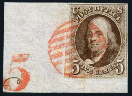 Values of US Stamp Scott 1: 1847 5c Franklin. Harmer-Schau Auction Galleries, Aug 2014, Sale 102, Lot 1595