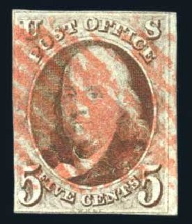 US Stamps Price Scott Cat. #1: 1847 5c Franklin. Harmer-Schau Auction Galleries, Jun 2008, Sale 78, Lot 1225
