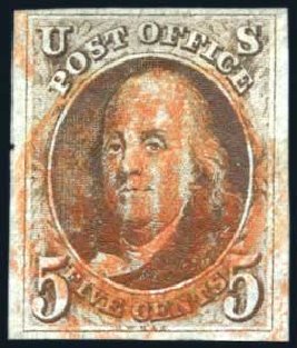 Costs of US Stamps Scott Catalogue #1 - 1847 5c Franklin. Harmer-Schau Auction Galleries, Feb 2009, Sale 80, Lot 1075