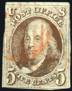 US Stamp Values Scott Cat. 1 - 1847 5c Franklin. Harmer-Schau Auction Galleries, Oct 2009, Sale 83, Lot 265