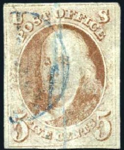 US Stamps Price Scott 1: 5c 1847 Franklin. Harmer-Schau Auction Galleries, Jul 2010, Sale 86, Lot 315