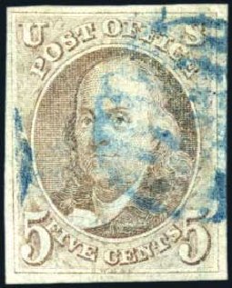 US Stamps Prices Scott Cat. # 1 - 5c 1847 Franklin. Harmer-Schau Auction Galleries, Aug 2011, Sale 90, Lot 1035