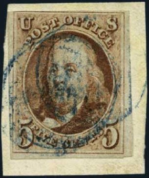Values of US Stamp Scott #1: 1847 5c Franklin. Harmer-Schau Auction Galleries, May 2012, Sale 93, Lot 235