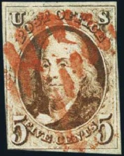 US Stamps Value Scott Catalog 1 - 1847 5c Franklin. Harmer-Schau Auction Galleries, Aug 2012, Sale 94, Lot 965