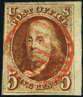 Value of US Stamps Scott Cat. #1 - 5c 1847 Franklin. Harmer-Schau Auction Galleries, Jan 2013, Sale 96, Lot 375