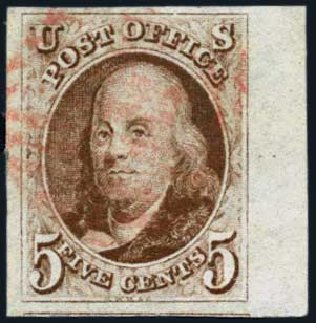 Values of US Stamps Scott Catalogue 1: 1847 5c Franklin. Harmer-Schau Auction Galleries, May 2013, Sale 97, Lot 315