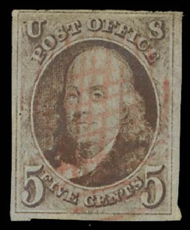 US Stamps Price Scott Catalogue #1: 5c 1847 Franklin. Daniel Kelleher Auctions, Oct 2011, Sale 626, Lot 5