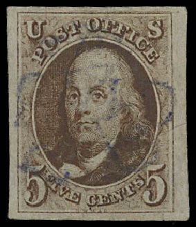 Costs of US Stamps Scott #1: 1847 5c Franklin. Daniel Kelleher Auctions, Apr 2012, Sale 629, Lot 135