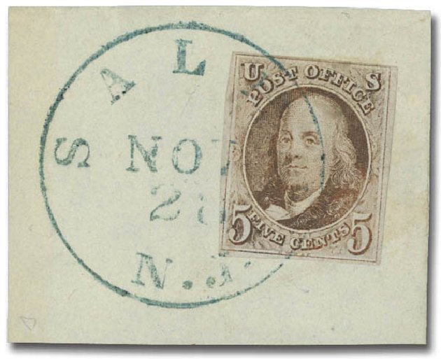 US Stamps Values Scott 1 - 5c 1847 Franklin. Daniel Kelleher Auctions, Oct 2012, Sale 632, Lot 915