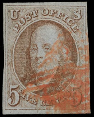 Price of US Stamp Scott # 1: 5c 1847 Franklin. Daniel Kelleher Auctions, Feb 2013, Sale 634, Lot 515