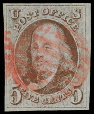 US Stamp Prices Scott Cat. # 1: 1847 5c Franklin. Daniel Kelleher Auctions, Feb 2013, Sale 634, Lot 525