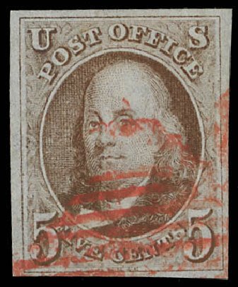Prices of US Stamp Scott Cat. 1: 5c 1847 Franklin. Daniel Kelleher Auctions, Feb 2013, Sale 634, Lot 535